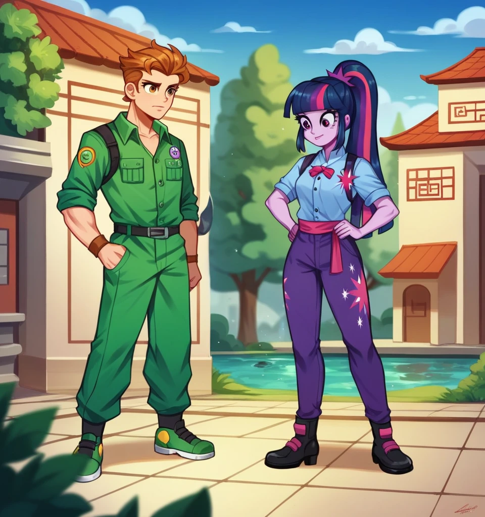 ((High Quality image)) ((Perfect Autonomy)) Twilight Sparkle and Lloyd, 1 girl and 1 boy only, Twilight Sparkle is wearing a purple Ninja suit while Lloyd is wearing his green Ninja suit, Twilight Sparkle Equestria Girls, Lloyd Lego Ninjago, full bodies, Standing, in the temple That's in Ninjago city, Twilight Sparkle and Lloyd,   cuerpo completo, high resolusion