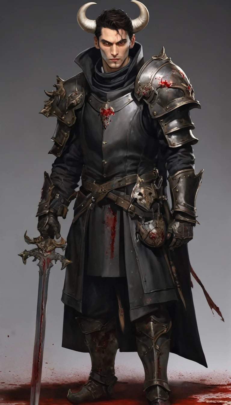 full-length photo of a 1.80 meter man, black overcoat, long and short hair, brown eyes, medieval armor with metal gloves with claws, left shoulder pad remodeled in the shape of a bull's skull covered in blood. He has scars on the corner of his mouth and on his left eye, and he has a medieval sword.