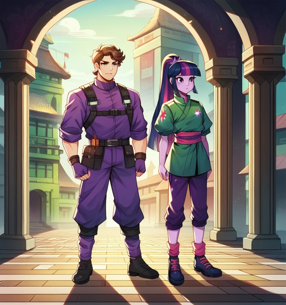 ((High Quality image)) ((Perfect Autonomy)) Twilight Sparkle and Lloyd, 1 girl and 1 boy only, Twilight Sparkle is wearing a purple Ninja suit while Lloyd is wearing his green Ninja suit, Twilight Sparkle Equestria Girls, Lloyd Lego Ninjago, full bodies, Standing, in the temple That's in Ninjago city, Twilight Sparkle and Lloyd,   cuerpo completo, high resolusion