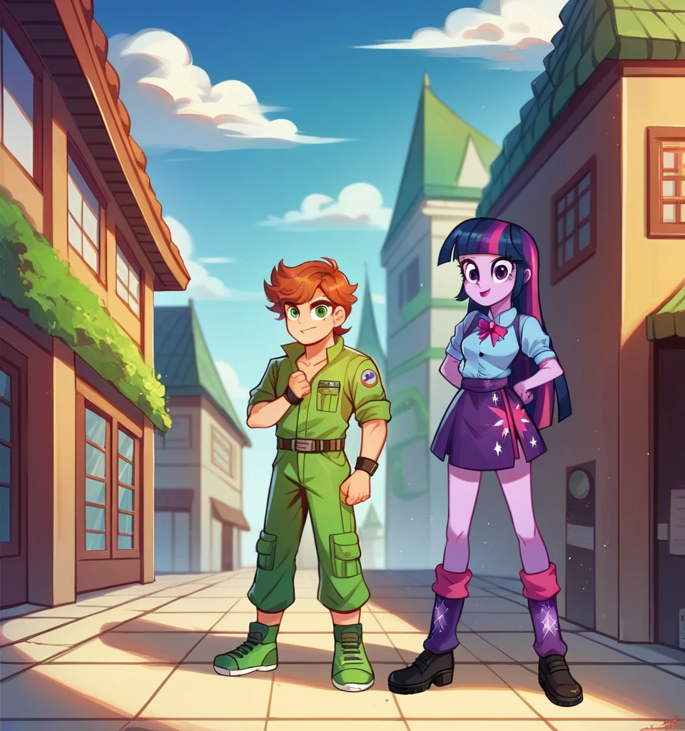 ((High Quality image)) ((Perfect Autonomy)) Twilight Sparkle and Lloyd, 1 girl and 1 boy only, Twilight Sparkle is wearing a purple Ninja suit while Lloyd is wearing his green Ninja suit, Twilight Sparkle Equestria Girls, Lloyd Lego Ninjago, full bodies, Standing, in the temple That's in Ninjago city, Twilight Sparkle and Lloyd, cuerpo completo, high resolusion