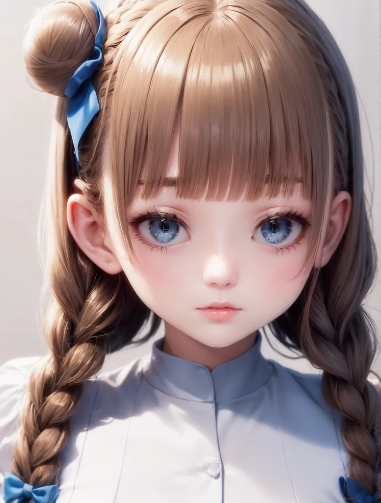 ((best qualityer)), ((work of art)), (detailded), 1 white girl, No blouse, Light brown bun hair, com a braid, and with a white bow, colan jumpsuit, Youngh, blue colored eyes, a braid, rosy cheeks, shy, clear eyes 