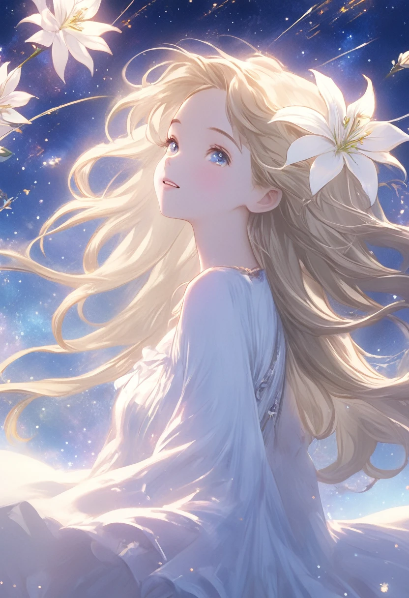 (Highest quality, masterpiece), 1 Girl,Lilia,  posture, particle, Wind, flower, Upper Body, Simple Background, Looking at the audience, blonde, milky way, beautiful