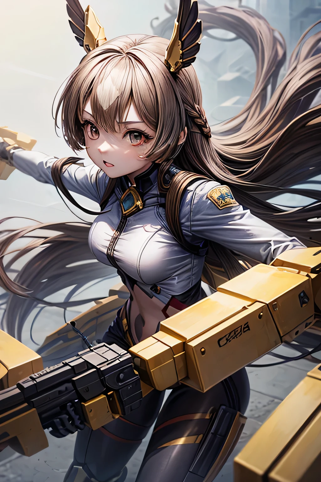 Anime girl with wings in a futuristic setting, Female Action Anime Girl, (Mecha Wings), female action anime, (fighting stance), (petite girl,  face, girl, child)