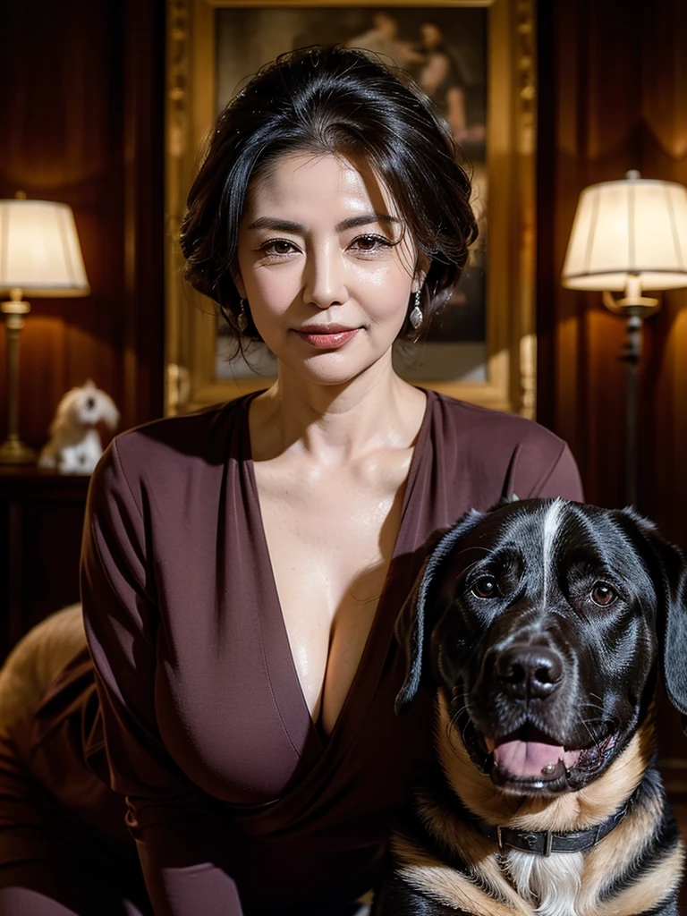 (masterpiece:1.4),((1 woman and 1 dog : 1.5)), (((portrait of mature woman and her big dog : 1.4))), (63-year-old woman:1.5), (Facial wrinkles : 1.2), Nasolabial folds, (looking at viewer : 1), (smirking : 1.3), pores, dull skin, skin blemishes, (short hair), large saggy breasts, plump body, (elegant lady), (classy formal dress), detailed backgrounds, (Old Western-style building), (dim atmosphere), gloomy, dark lighting, (dog's tongue), (plump thigh)
