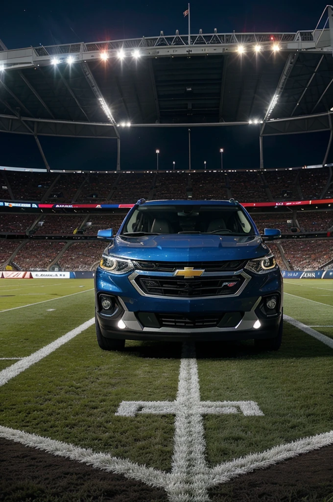 Imagine a 2022 Chevrolet Traverse in a stadium full of excitement. The stadium lights illuminate the shiny body of the vehicle, and the colors of the flags of Argentina and Canada fly in the stands. The players are on the field, ready for the exciting match of the Copa América 2024. The atmosphere is electric, and the SUV represents passion and competition in this sporting event.