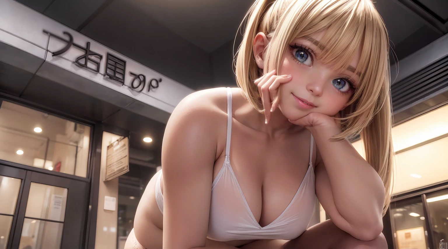 (masterpiece, professional lighting, 16k, 8k wallpaper, raw photo, photorealistic: 1.8, ultra detailed natural soft lighting, detailed skin, detailed face, detailed eyes, textured skins, cinematic composition, FRONT view detailed: 1.2), (from below), 1 girl, perfect body, big breasts, woman, Ganguro, SPANDEX top, jacket, (SILK tight mini skirt), SPANDEX panties, blonde straight long bob cut ponytails, Posture crouching, city streets, Harajuku, late night
