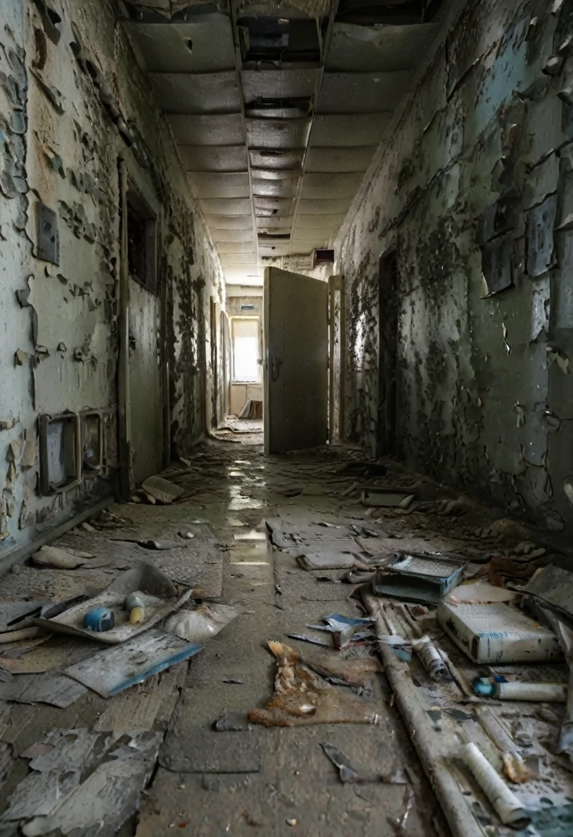 Gloomy and dark corridors. The place is dirty and in poor condition. The walls are deteriorated and there is mold on them. There are holes on the floor in the walls and on the ceiling. In the hallway there are several metal doors. Several broken medical equipment littered on the ground. The place is deserted. The atmosphere is dark and nocturnal