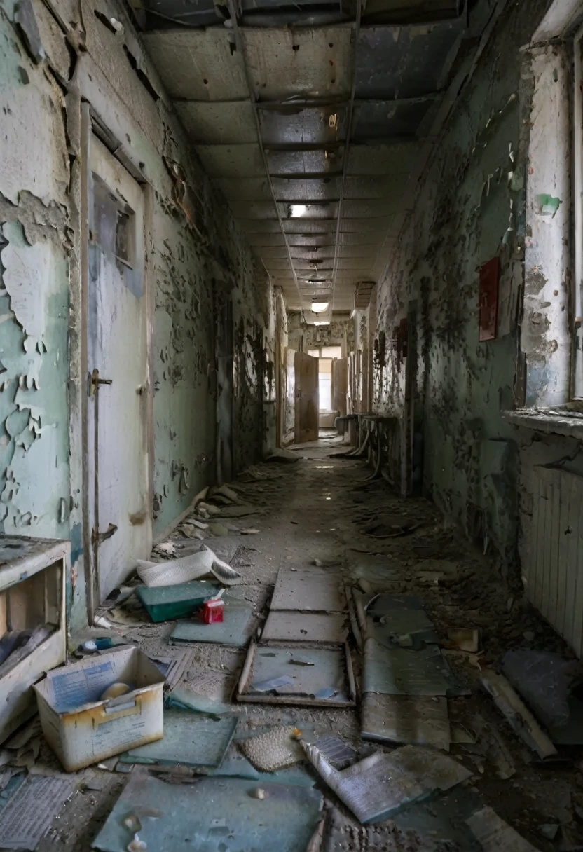 Gloomy and dark corridors. The place is dirty and in poor condition. The walls are deteriorated and there is mold on them. There are holes on the floor in the walls and on the ceiling. In the hallway there are several metal doors. Several broken medical equipment littered on the ground. The place is deserted. The atmosphere is dark and nocturnal