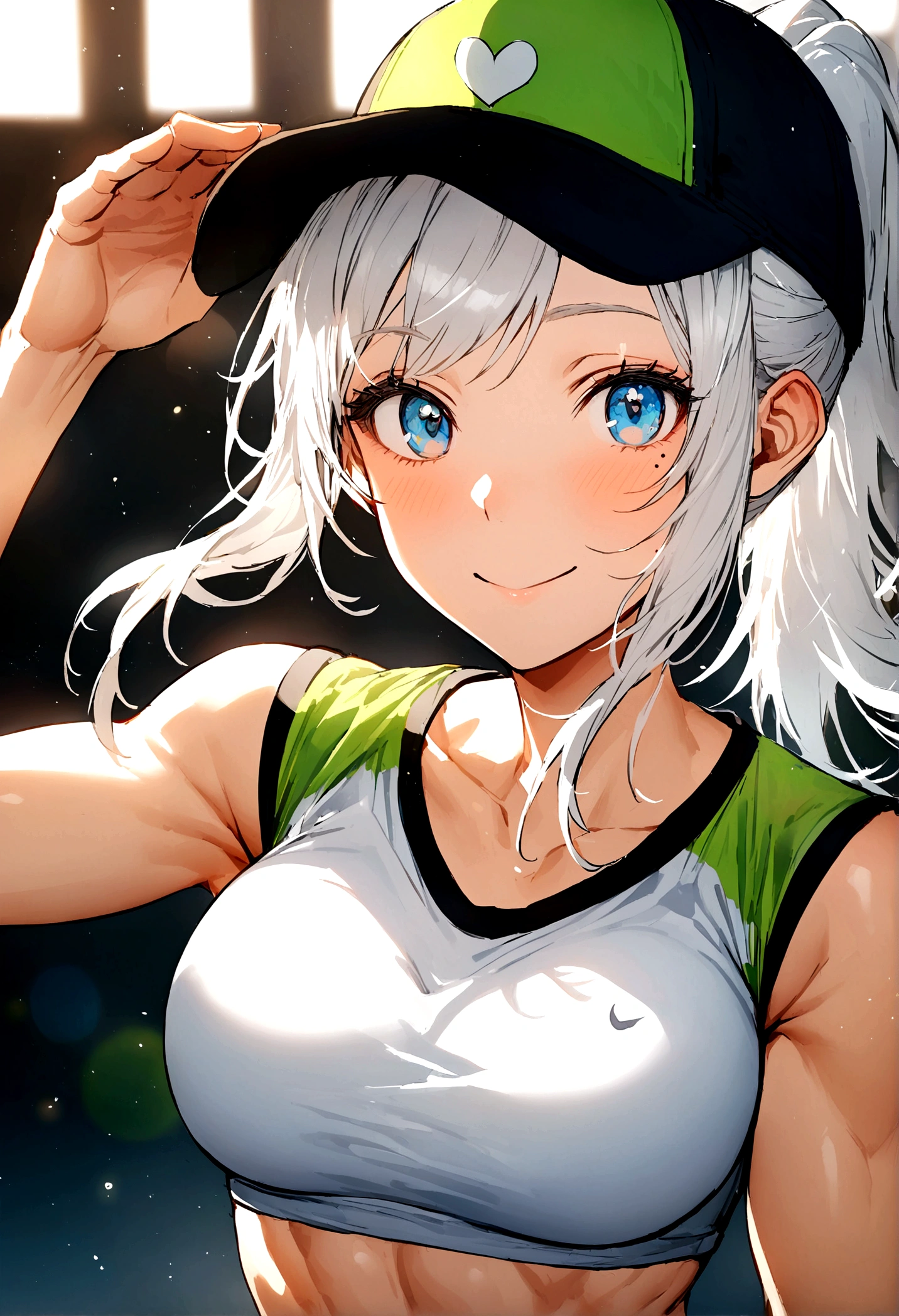 Girl, white hair, blue eyes, ponytail the flares out, hat, mole next to left eye, mole next to right eye, sports shirt, happy and energetic, toned body