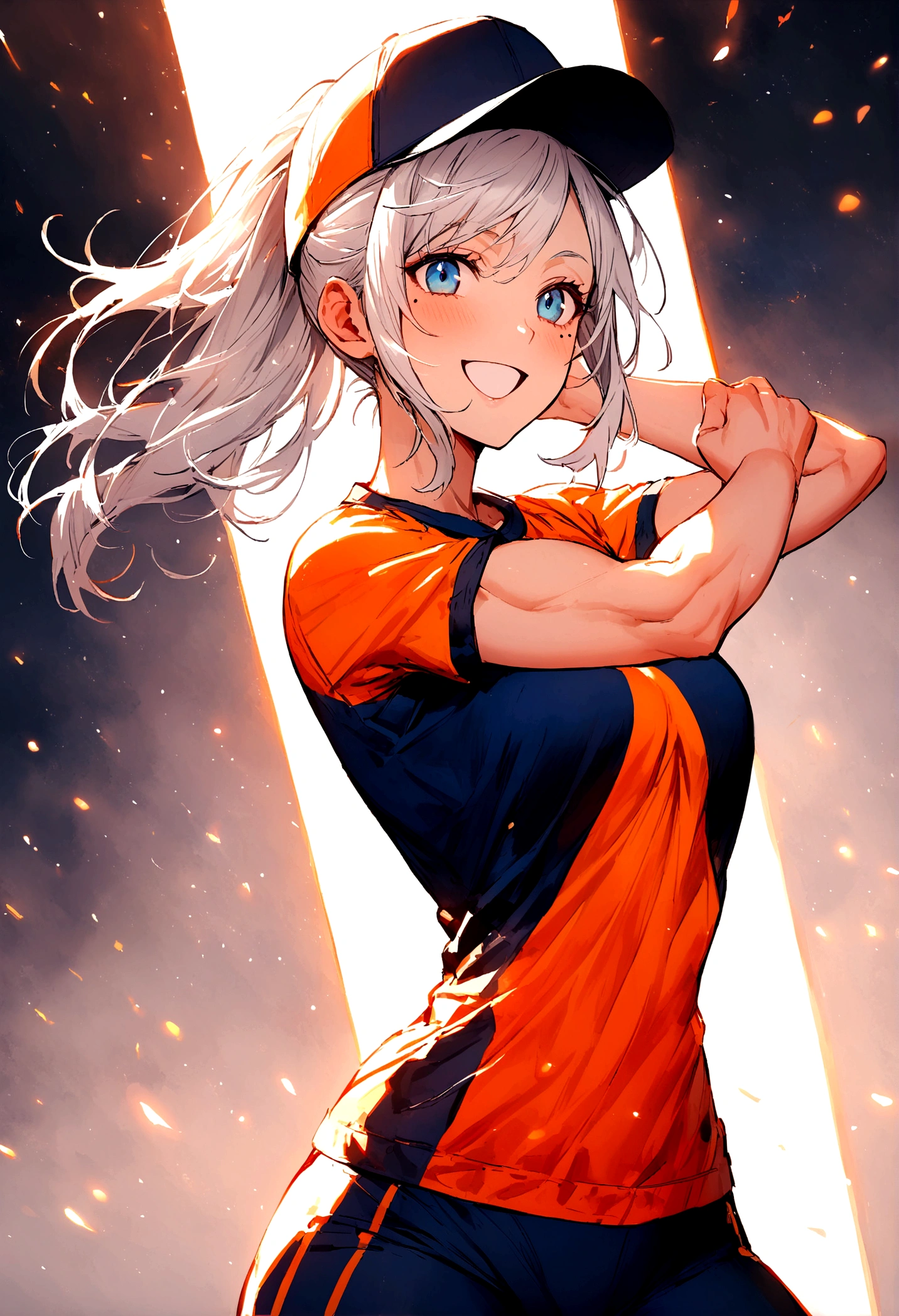 Girl, white hair, blue eyes, ponytail the flares out, hat, mole next to left eye, mole next to right eye, sports shirt, happy and energetic, toned body
