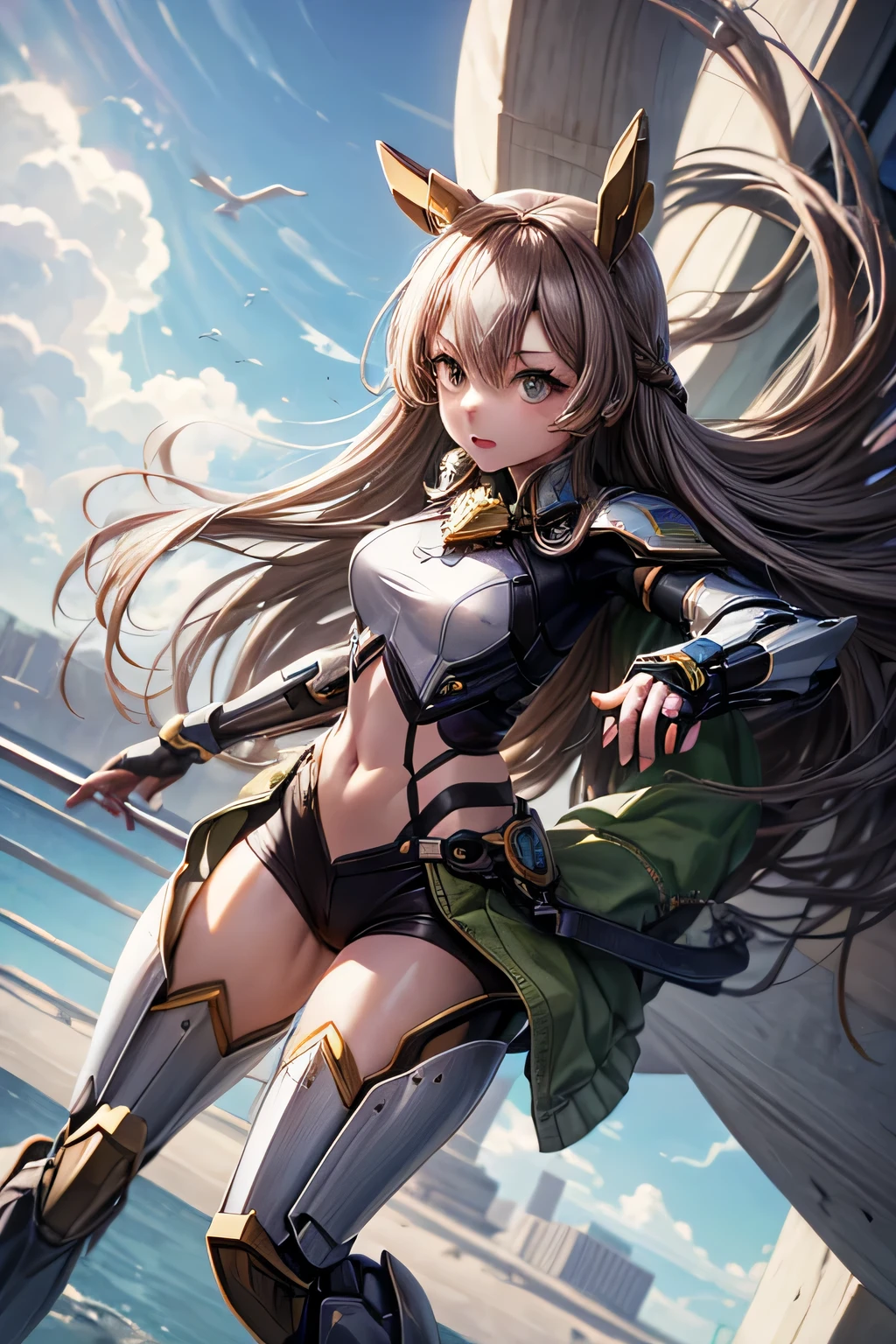 Anime girl with wings in a futuristic setting, Female Action Anime Girl, (Mecha Wings), female action anime, (fighting stance), (ite girl,chi