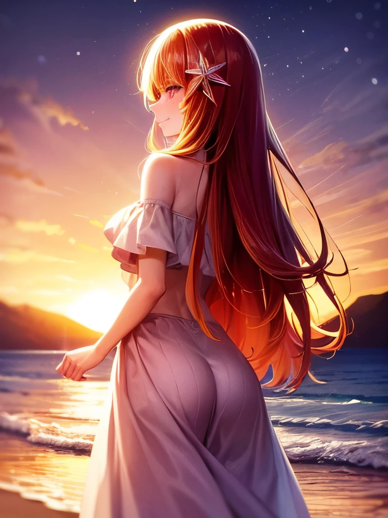 a girl with bright red long hair, detailed blue eyes, standing nude facing away at the seaside under a cinematic sunset, nude,from back,