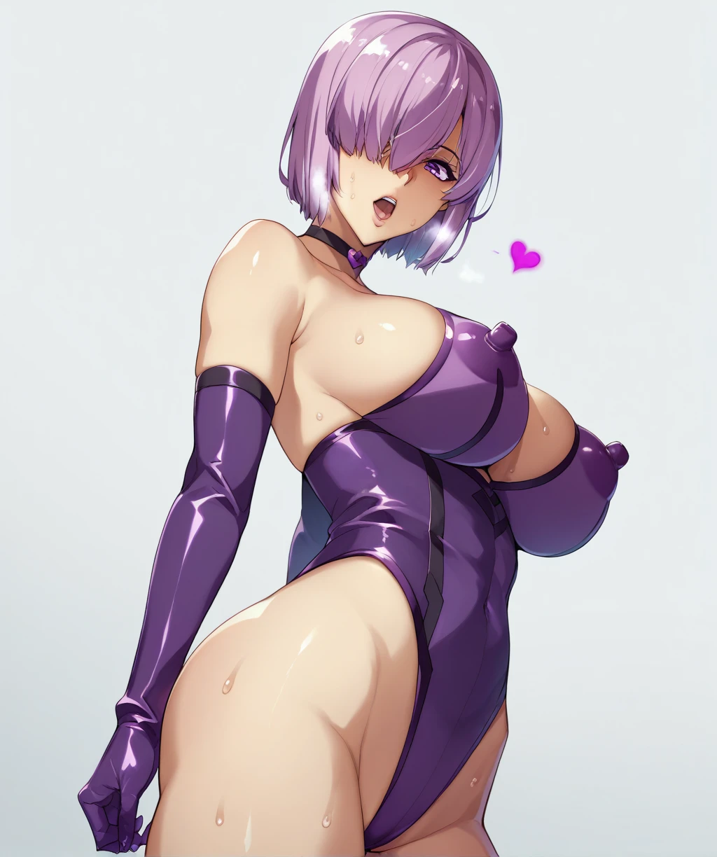 leotard、Angle from behind、back、Butt、leotard、Ultra-detailed illustrations、Ultra-precise expression、masterpiece、Highest quality、ultra High resolution、High resolution、Hiromitsu Takeda Style、White background、Simple Background、One girl、solo、Mash Kyrielight、light purple hair,short hair,hair over one eyes、Purple long gloves、Rider Suit、purple heel boots、Purple eyes、Open your mouth、blush、Large Breasts、Big Breasts、Erect nipples、Choker of Hearts、White Breath、Sweat、Glowing Skin、shiny skin、Front angle、View your viewers、