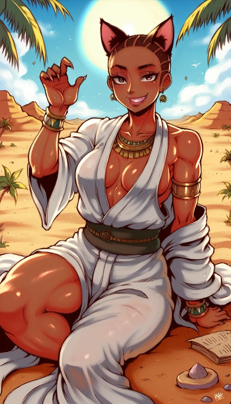 ((girl sand cat)), ((in african traditional clothes)), smile, desert, very hot, a sun, wallpaper, manga art, professional art, ultra aesthetic, body detailed, hdr, pixiv, masterpiece, palms are detailed,