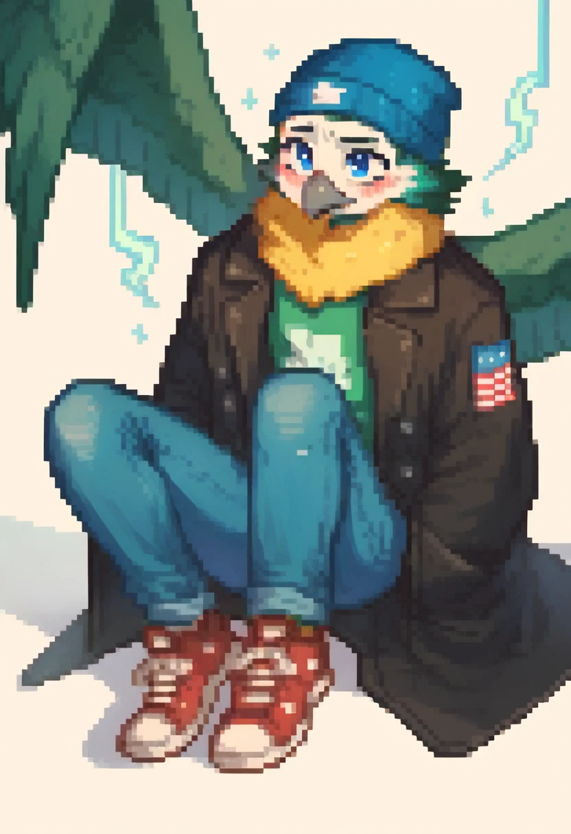 animal Green bird with black coat of American student, blue jeans, shoes black, wings, blush on cheek, lightning blue eyes, blue beanie, yellow neck and gray beak and messy hair