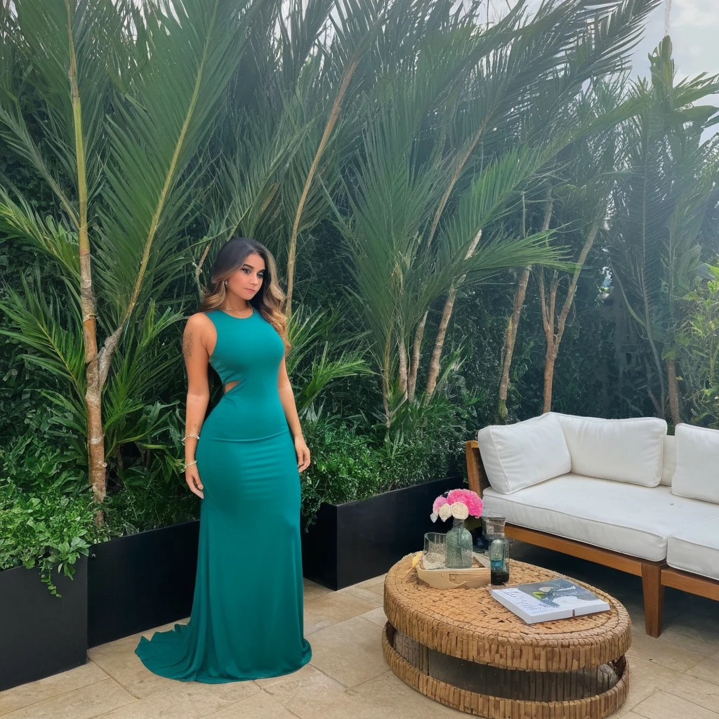 une femme séduisante dans un cadre parfait pour un post Instagram. La femme a une silhouette élancée et porte une robe moulante élégante de couleur vert émeraude avec des détails sophistiqués et séduisants. Ses cheveux sont longs, bouclés et d'un blond doré, tombant librement sur ses épaules. Elle porte un maquillage glamour avec un rouge à lèvres rose vif et un eye-liner dramatique. La femme pose de manière confiante, une main sur la hanche et l'autre tenant une coupe de champagne, avec un sourire séduisant et envoûtant sur son visage. Le décor est une terrasse tropicale luxuriante, située dans un complexe de villas de luxe en bord de mer, avec une vue imprenable sur l'océan au coucher du soleil. La terrasse est éclairée par des lanternes en rotin suspendues qui créent une ambiance chaleureuse et intime. Autour de la terrasse, il y a des fauteuils en osier avec des coussins moelleux et des tables basses en bois exotique. Des guirlandes lumineuses et des bougies parfumées ajoutent une touche romantique et magique. Des palmiers et des plantes tropicales luxuriantes accentuent l'ambiance paradisiaque du lieu. À proximité, une table basse en verre est décorée avec des fleurs tropicales, des coquillages et des verres à cocktail, ajoutant une touche de luxe et d'exotisme. La palette de couleurs est tropicale et vibrante, dominée par des tons de vert émeraude, de doré et de rose, avec une ambiance générale de luxe, de séduction et de paradis exotique.