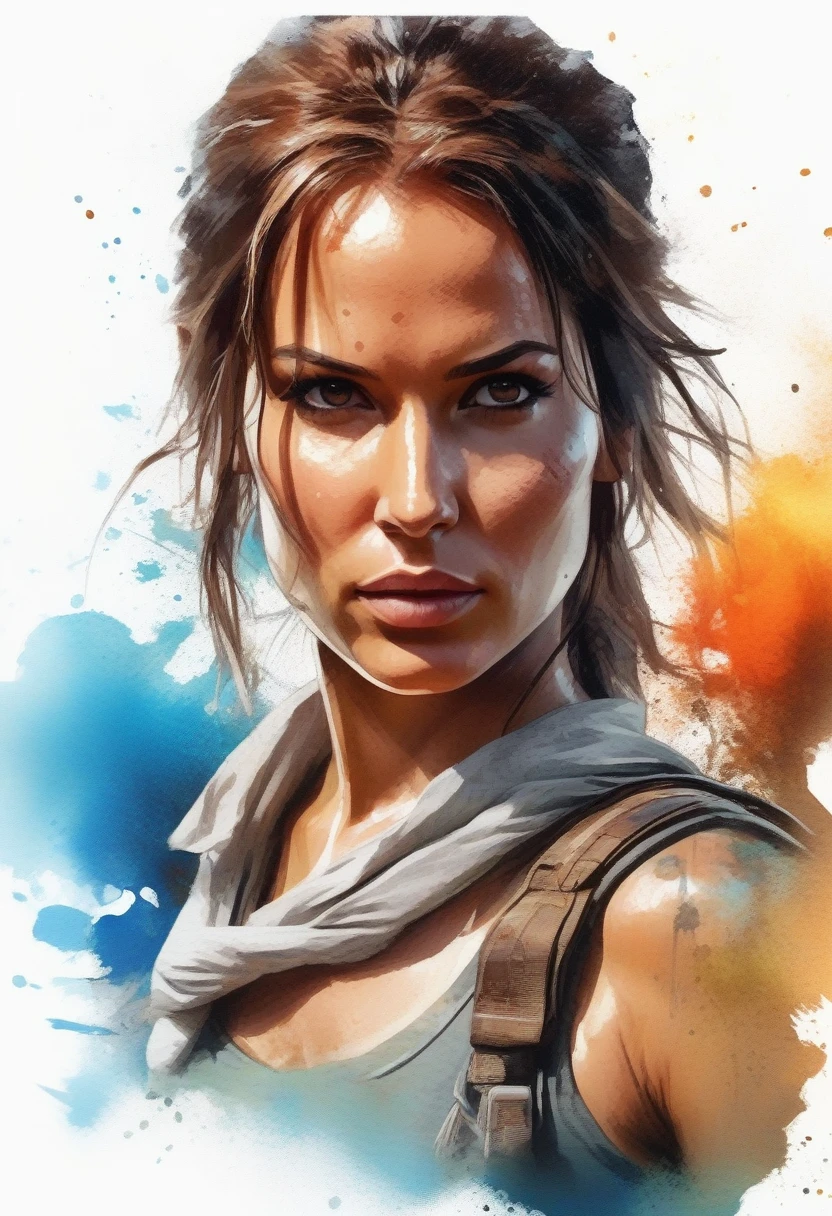 A stylish t-shirt, t shirt design, Centered art, 2D vector, water colour, Lara Croft Tomb Raider, White background, Adobe illustration, trends on artstation, High definition, 8K, details Intricate, vibrant eyes, arte linda, work of art, by Rafael Albuquerque , REMBRANDT luminosity