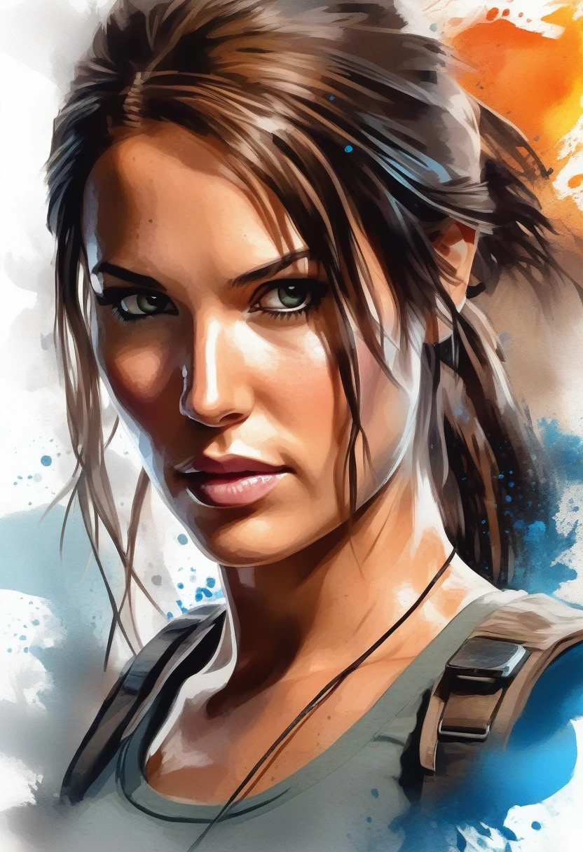 A stylish t-shirt, t shirt design, Centered art, 2D vector, water colour, Lara Croft Tomb Raider, White background, Adobe illustration, trends on artstation, High definition, 8K, details Intricate, vibrant eyes, arte linda, work of art, by Rafael Albuquerque , REMBRANDT luminosity