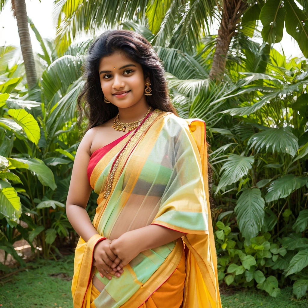 kerala girl age 24, wearing saari, saari color yellow, and blouse color red. hiquality image, ultra wide resulution 1.5,