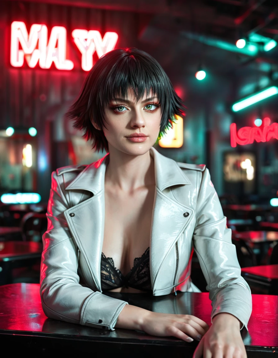 (best quality:1.2), lady (from devil may cry 5:1.1), perfect face, white jacket, black pants, green eyes,lying on the table, in a dark agency background, "devil may cry" neon red sign , night, alone
