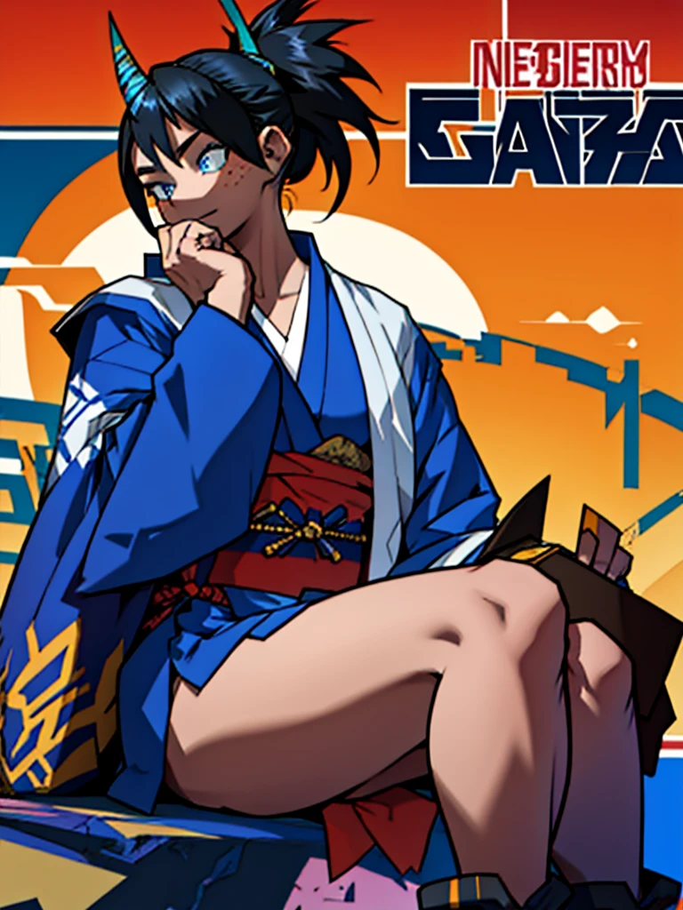 A girl in the Boku no hero style, she is wearing her hero outfit which consists of, a long-sleeved jumpsuit that covers the entire neck and ends in shorts, on top a kimono with a raven on each side.
A has black hair with blue highlights tied in a ponytail and cut on the sides.. She has freckles on her dark skin with one green and one blue eye.. She has a horn on each side of her head she is saying hi to you