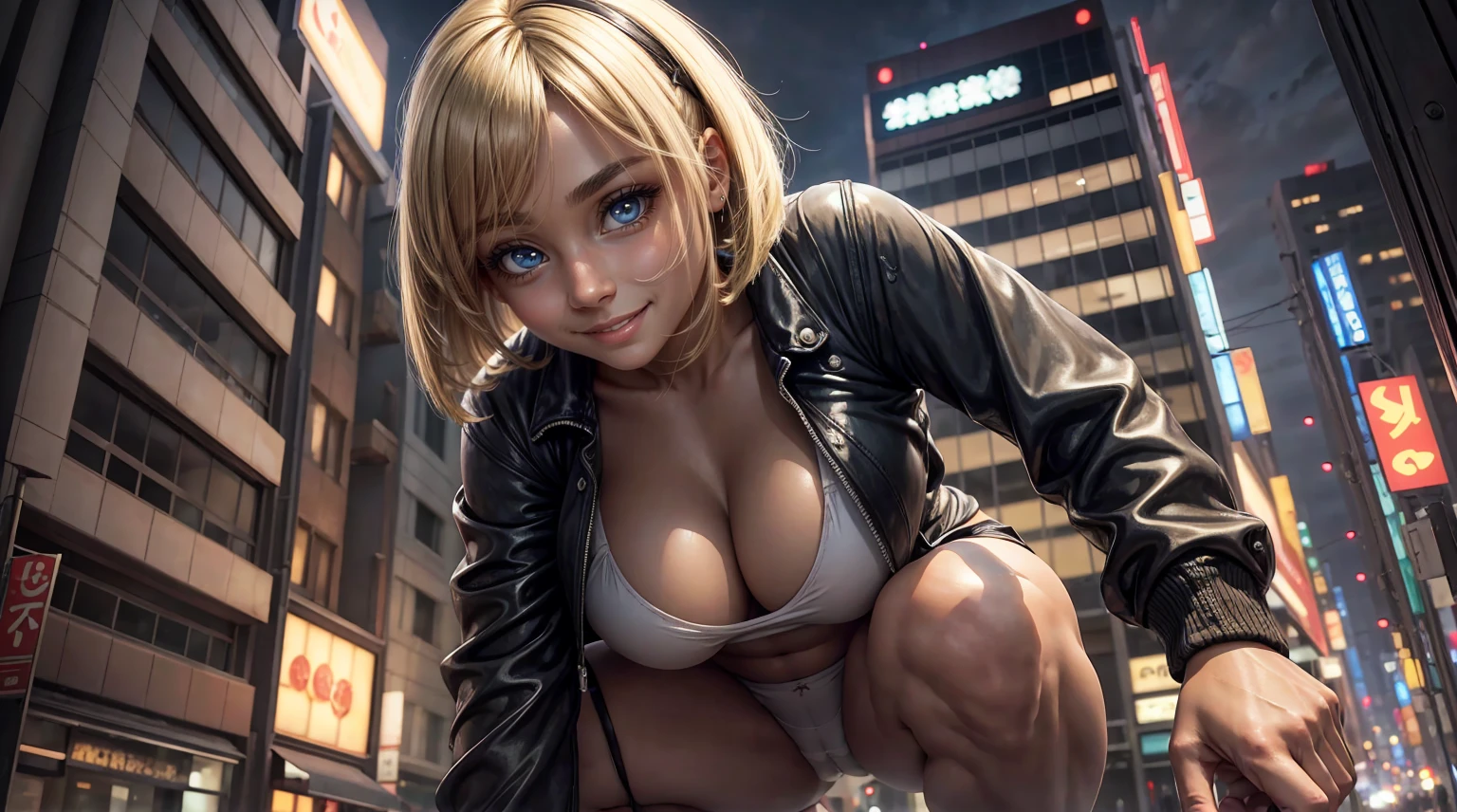 (masterpiece, professional lighting, 16k, 8k wallpaper, raw photo, photorealistic: 1.8, ultra detailed natural soft lighting, detailed skin, detailed face, detailed eyes, textured skins, cinematic composition, FRONT view detailed: 1.2), (from below), 1 girl, perfect body, big breasts, woman, Ganguro, SPANDEX top, jacket, (SILK tight mini skirt), SPANDEX panties, blonde straight long bob cut ponytails, Posture crouching, city streets, Harajuku, late night