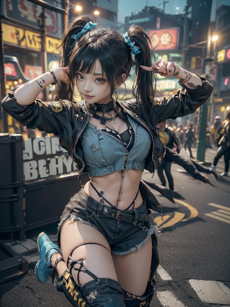(Full body image:1.3)、(Side view:1.1)、(hostess:1.3)、(Smiling with teeth showing:1.3),(Shibuya Gal:1.5)、(Y2K Woman:1.4)、(Lolita Fashion:1.5)、(Punk rock visual kei:1.4)、(Modern black and yellow military short jacket:1.5)、(Low rise cargo pants in tattered brown and turquoise denim:1.5)、(Mustard yellow headband:1.3)、(Yellow and blue corset:1.4)、collar、(Brown thick-soled long boots)、(Logo-patterned clothing:1.4)、20-year-old、(Doing an aerobics pose:1.3)、Browsing Caution,((Highest quality、In 8K、masterpiece:1.3))、Sharp focus:1.2、(Layered Cut、Huge boobs:1.1),Beautiful woman with perfect figure:1.4、(Doing an aerobics pose:1.3)、(Leg spread:1.3)、(Raise your arms:1.2)、(Open your legs:1.3)、Slim Abs:1.2、Butt、Highly detailed face and skin texture、Fine grain、double eyelid,(Twin tails:1.3)、(Black brown hair:1.3)、Dynamic pose、Obscene pose、Humiliating pose、Idol Sculpture、(A luxurious amusement park at night:1.3)、(Slimming your legs:1.4)、(The body is slim:1.3)、(clavicle:1.1)