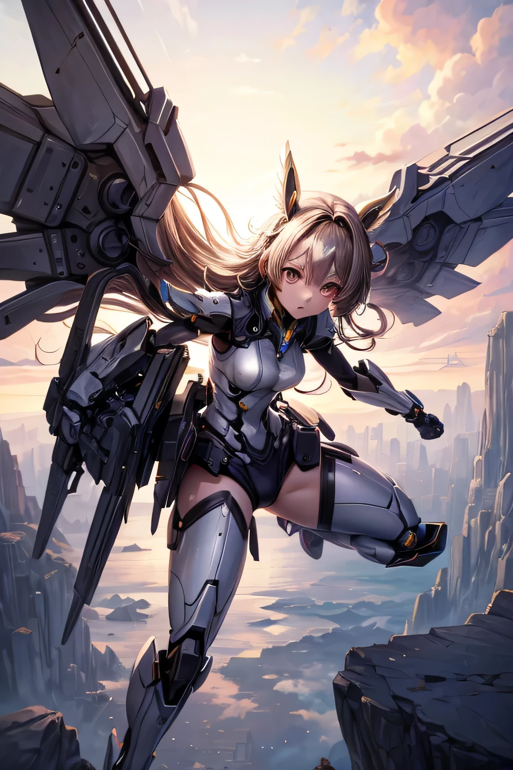 Anime girl with wings in a futuristic setting, Female Action Anime Girl, (Mecha Wings), female action anime, (fighting stance), (petite girl,child)