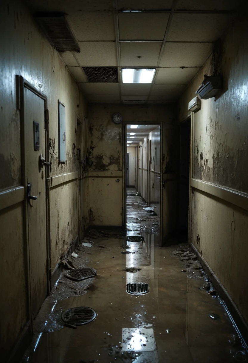 Gloomy and dark corridors. The place is dirty and in poor condition. The walls are deteriorated and there is mold on them. There are holes on the floor in the walls and on the ceiling. In the hallway there are several metal doors. Several broken medical equipment littered on the ground. The place is deserted. The atmosphere is dark and nocturnal