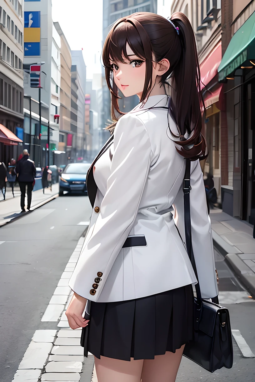 爽やかな見た目, colorful, Her shoulder pads were normal., masterpiece, Highest quality, High resolution, the young woman wears skirts and a short white jacket and holds a briefcase as she walks across the road, 1girl, solo, walking, bag, long hair, , from behind, ground vehicle, skirt, brown hair