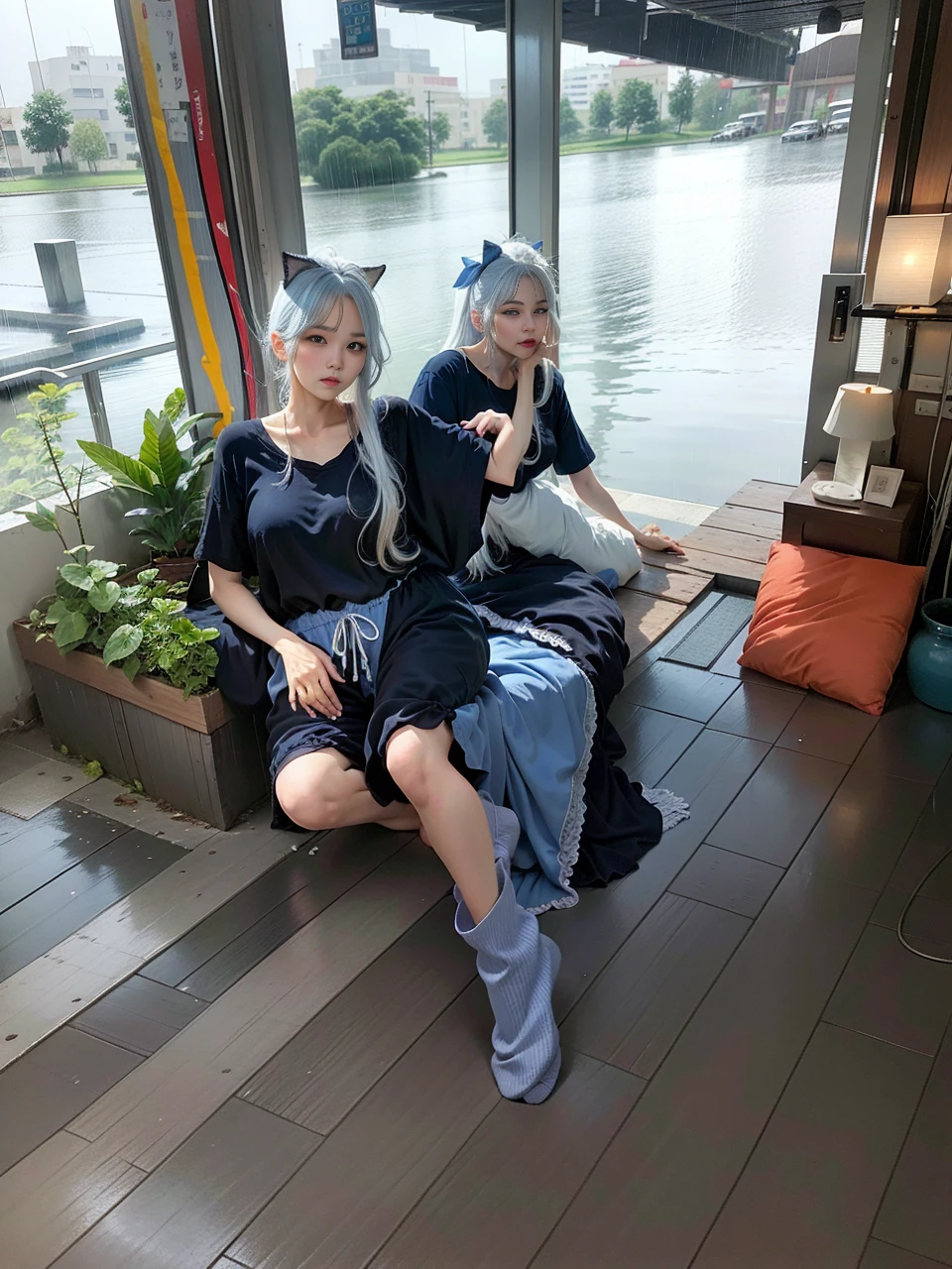 facing at camera,Raised sexy,Rainy days,Lying in bed,Raise your feet and spread outward,Mature face,a matural female,Long fluffy blue and white hair,Ultra-loose casual cotton garment,Ruddy complexion,open waist