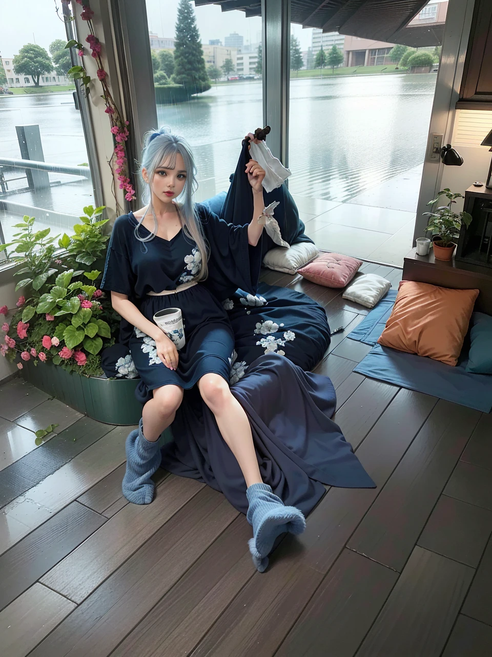 facing at camera,Raised sexy,Rainy days,Lying in bed,Raise your feet and spread outward,Mature face,a matural female,Long fluffy blue and white hair,Ultra-loose casual cotton garment,Ruddy complexion,open waist
