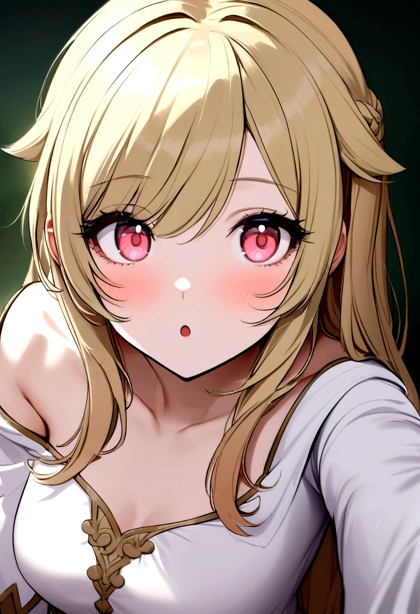 Generate an image of Honami Mochizuki from Project Sekai. She is a high school student with long, straight hair in a blonde color.,with a slight curl. Her side hair is shorter and also slightly curled. She has straight-cut bangs, that frame her forehead. Often, has big, gentle red eyes and a warm, friendly expression. blunt bangs,nsfw,steam,small breasts,sweat,Completely naked,1girl,1boy,penis,cum on breasts,Gradient with pink tips,close to viewer, lie on one’s back,upper body