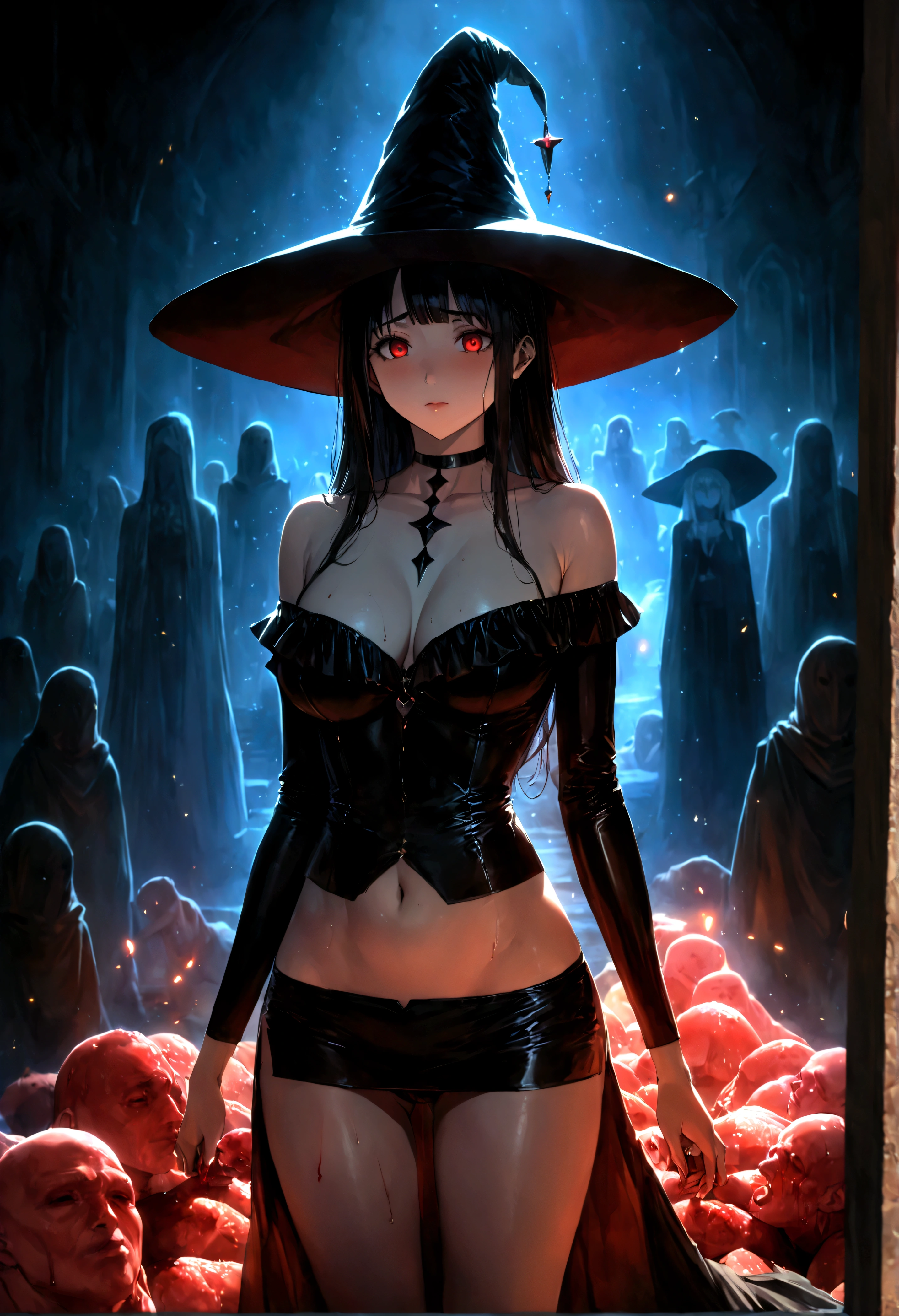 Sexy photo of the most beautiful work of art in the world, illustration, cinematic light, Fancy, high resolution, Superior quality, ultra detailed, Best Quality, Masterpiece, (detailed face), sexy mature woman with shirt and full body (torn) (transparent galaxy) screen shelter, floating fabric, meat , choker, bright (Fancy criminal para personas mayores) Forest plants with neon details, shoulders abiertos, pequeña mariposa bright, with a broken witch hat (focus on the body: 1,25 ), evening, small mutated animals in the background, torn miniskirt, a potion on the hip, shoulders, radiating magical energy, Camel leg, darkness, light reflection, ((32 year old woman)) , black underwear,(with sexy legs )、(journey)、(supine)、Head with long black hair,love game,Forced orgasm,squirt, ecstasy, I play with the urethra, ((women's casual clothing ),(high quality, realist, ultra detailed),blood mage ,dark and gloomy magical atmosphere,old church with biblical windows,beautiful woman with piercing red eyes,1woman surrounded by ethereal spirits and followers,((cult queen)),darkness eterna y profunda,penitent ghosts,group of humanoid spirits