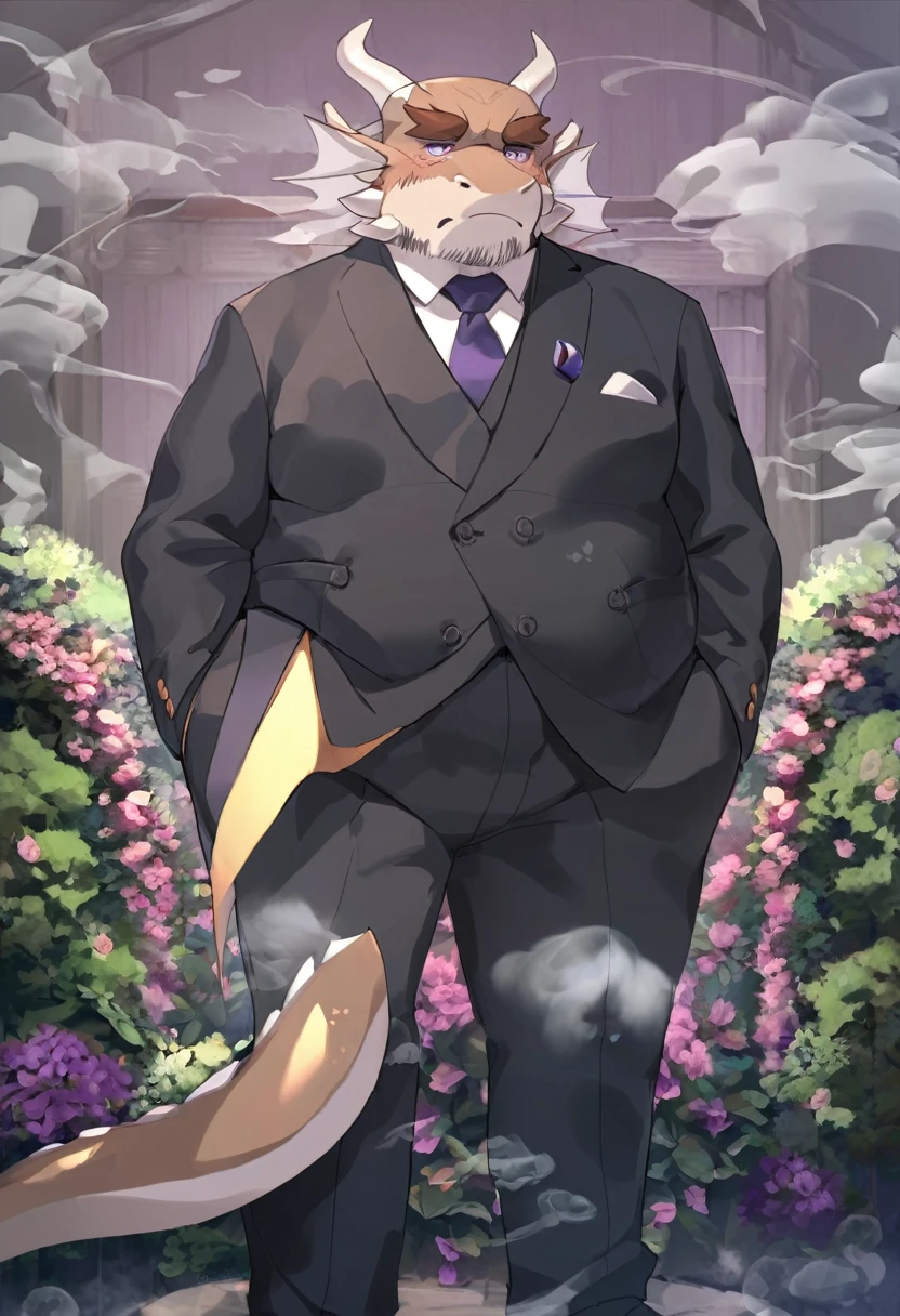 dragon，personification，Mature male，Bad Uncle，，Cold expression，Purple pupils，Brown eyebrows，Black suit suit，Hands in pockets，The Age of Steam，garden。