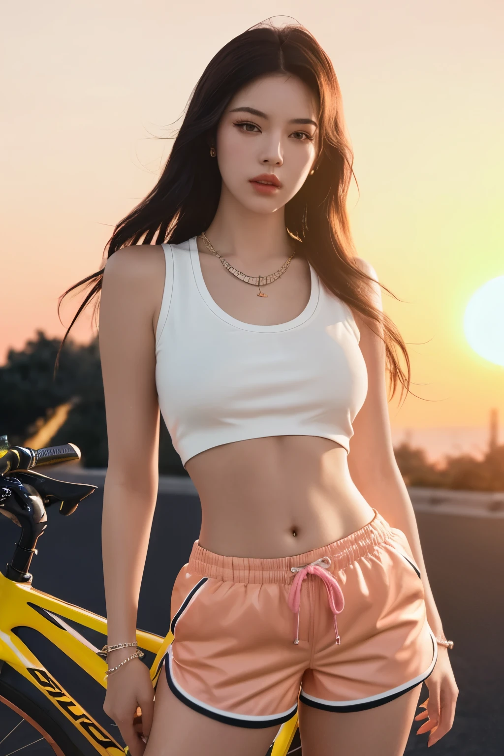 a woman in a white top and pink shorts is standing next to a bike with a yellow background and, by Quentin Tarantino, 1girl, bracelet, brown_hair, jewelry, letterboxed, lips, long_hair, makeup, medium_breasts, midriff, nail_polish, navel, necklace, nose, orange_sky, pink_shorts, realistic, shorts, solo, sun, sunset, tattoo,wristband, yellow_background, yellow_sky, beautiful detailed glow, detailed, Cinematic light, intricate detail, highres, detailed facial features, high detail, sharp focus, smooth, aesthetic, extremely detailed, stamp, octane render,