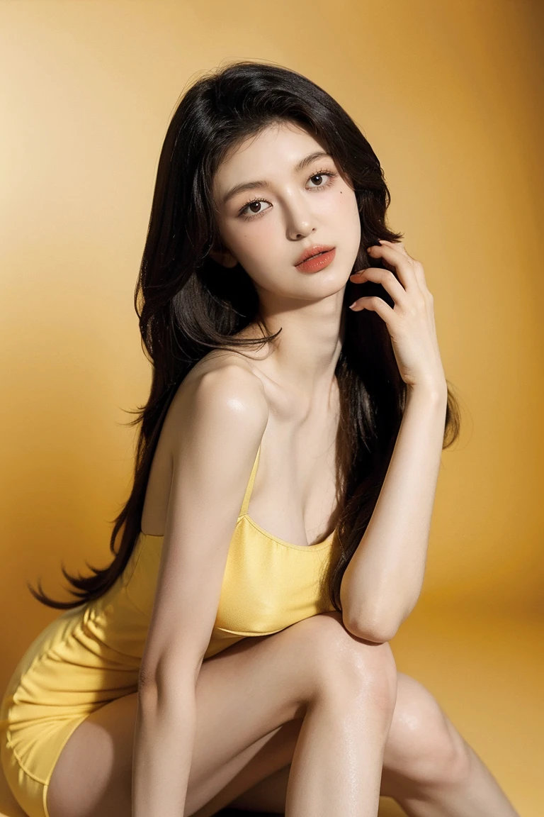 21 year old girl, yellow background, beautiful dress
