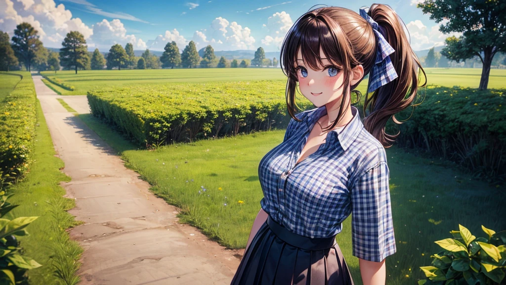 1girl, solo, full body, rural landscape, village, trees, sun, clouds, fantasy, brown hair, ponytail, large breasts, button down shirt, ((blue checked shirt)), ((short sleeved shirt)), ((unbuttoned shirt)), unbuttoning buttons, cleavage 1:3, shirt tied under chest, belly reveal, blue eyes, dark skirt, smile, looking at the viewer, standing, hair ribbon, golden necklate