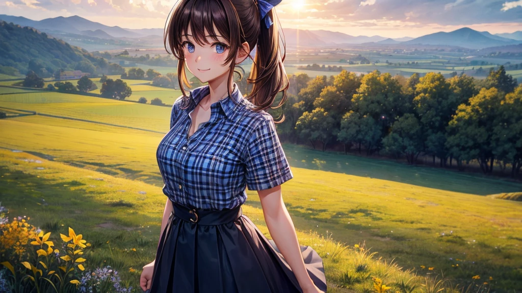 1girl, solo, full body, rural landscape, village, trees, sun, clouds, fantasy, brown hair, ponytail, large breasts, button down shirt, ((blue checked shirt)), ((short sleeved shirt)), ((unbuttoned shirt)), unbuttoning buttons, cleavage 1:3, shirt tied under chest, belly reveal, blue eyes, dark skirt, smile, looking at the viewer, standing, hair ribbon, golden necklate