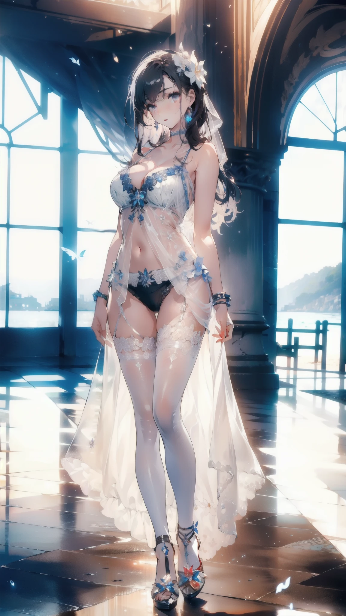 ((masterpiece, best quality)), Epic flower sea atmosphere,Delicate face,model,seaside,Beach,whole body,Standing picture,glowing white eyes,Large Breasts,Perfect body proportions,Pure white background,firefly,Transparent sexy lingerie,High heel