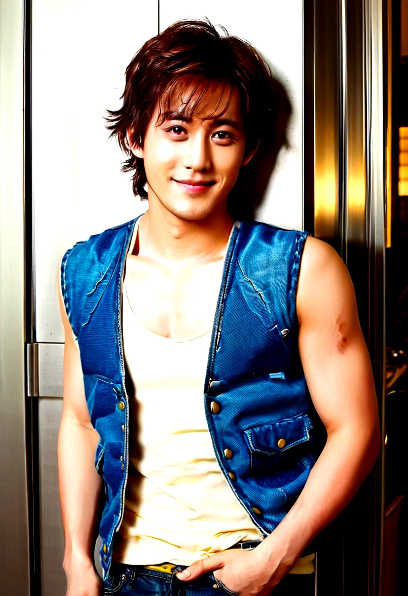 Cinematic soft lighting、Illuminates ultra-realistic handsome Japan male models with stunning details，Wear only one vest，Full body photo of the front，handsome appearance，Messy short brown hair，Clear honey eyes，Charming perfect smile，Raised sexy，Hotman，Insanely handsome，Here is the trend of art stations。Octane、It's the perfect tool to capture the softest details of this 16k photography masterpiece。
