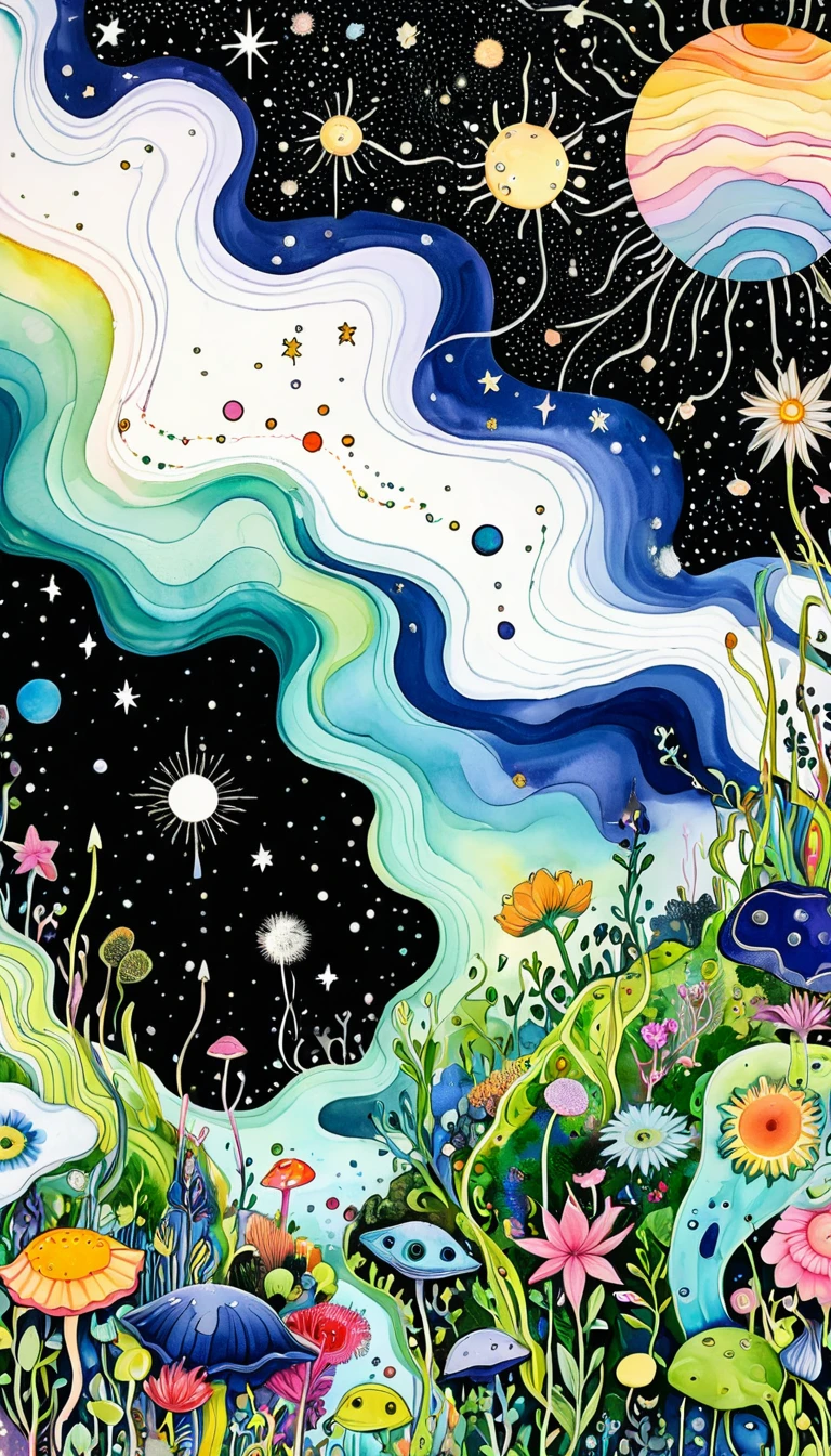 microorganism、plant、Marine life、Tears of the eyes、Starry Sky，Stitched into an abstract painting，Describing the inner world of autistic people，Sense of space，White Space，Childish lines，Psychedelic Art