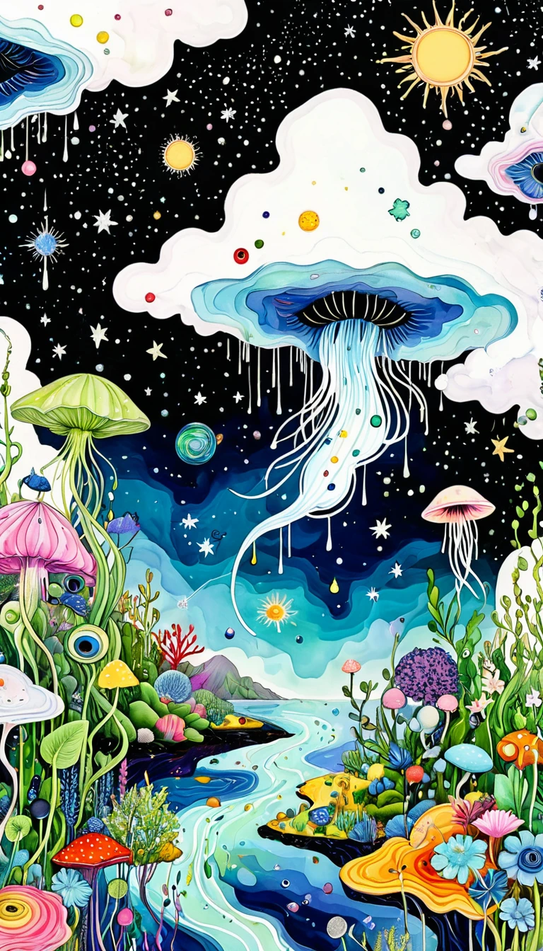 microorganism、plant、Marine life、Tears of the eyes、Starry Sky,Stitched into an abstract painting,Describing the inner world of autistic people,Sense of space,White Space,Childish lines,Psychedelic Art