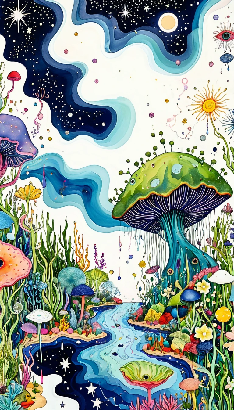 microorganism、plant、Marine life、Tears of the eyes、Starry Sky，Stitched into an abstract painting，Describing the inner world of autistic people，Sense of space，White Space，Childish lines，Psychedelic Art