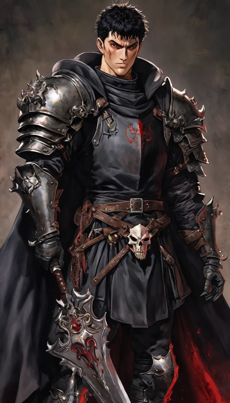 full-length photo of a 1.80 meter man, black overcoat like Guts of Berserk, long and short hair, brown eyes, medieval armor with metal gloves with claws, left shoulder pad remodeled in the shape of a bull's skull covered in blood. He has scars on the corner of his mouth and on his left eye, and he has a medieval sword.