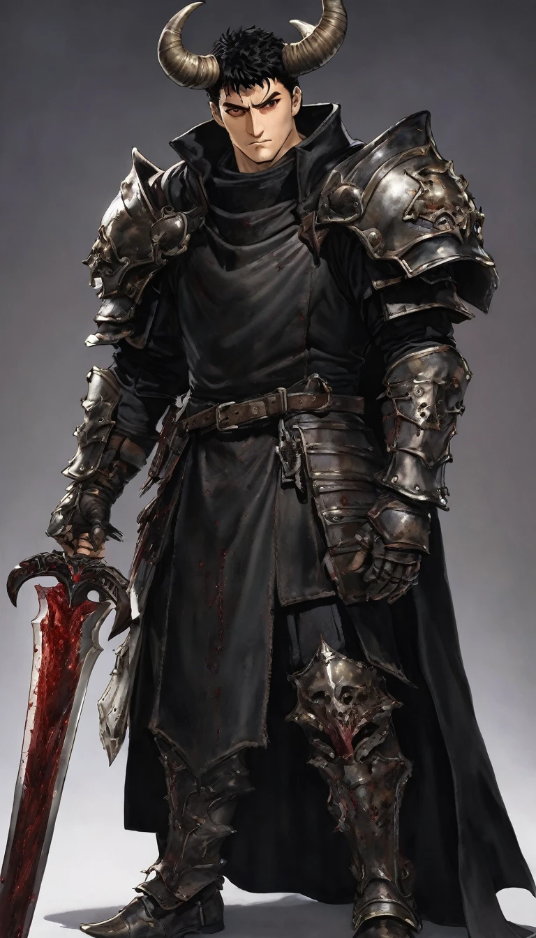 full-length photo of a 1.80 meter man, black overcoat like Guts of Berserk, long and short hair, brown eyes, medieval armor with metal gloves with claws, left shoulder pad remodeled in the shape of a bull's skull covered in blood. He has scars on the corner of his mouth and on his left eye, and he has a medieval sword.