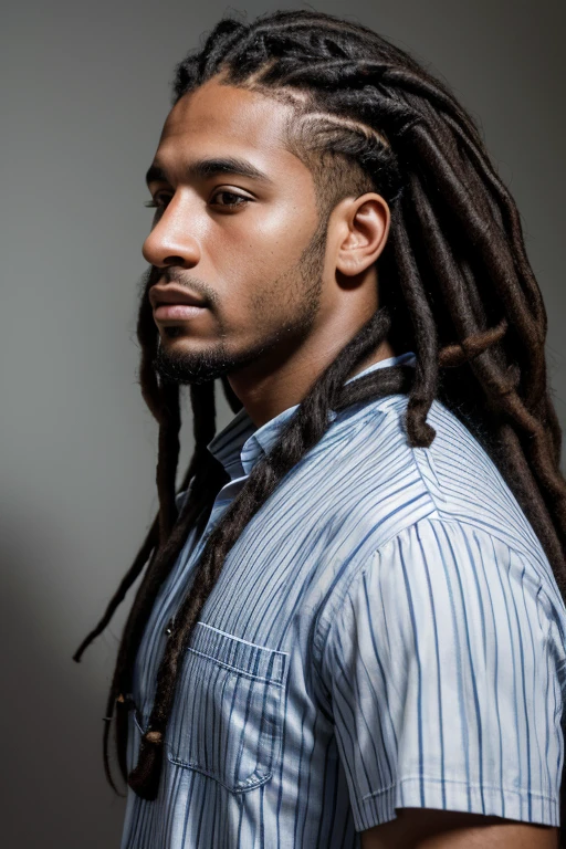 ((KE, Ultra High Resolution, Best Quality, Masterpiece: 1.2), (Realistic, Photo realistic: 1.37), Arabian man with dreadlocks and striped shirt, Portrait of Danny Gonzalez, Headshot Portrait, Mid Shot Portrait, closeup headshot portrait, portrait of a strong young man, taken in the early 2020s, closeup portrait of a man, headshot photographygraph, headshot photography, medium closeup portrait, black man with long curly hair, profile photo