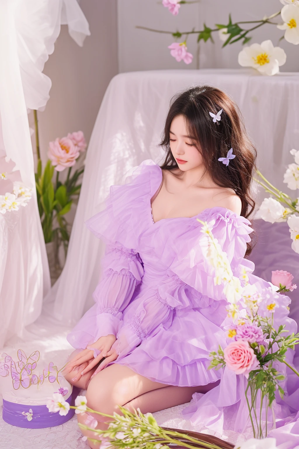 there is a woman sitting on a bed with a cake and flowers, fairycore, sakimichan, lilac, ethereal and dreamy, wearing organza gown, aesthetic cute with flutter, ethereal fairytale, dreamy and ethereal, lavender blush, ethereal fantasy, bloom. fantasy, official artwork, frill, dreamy soft, perfume, ethereal!!!!!!!, dreamy style