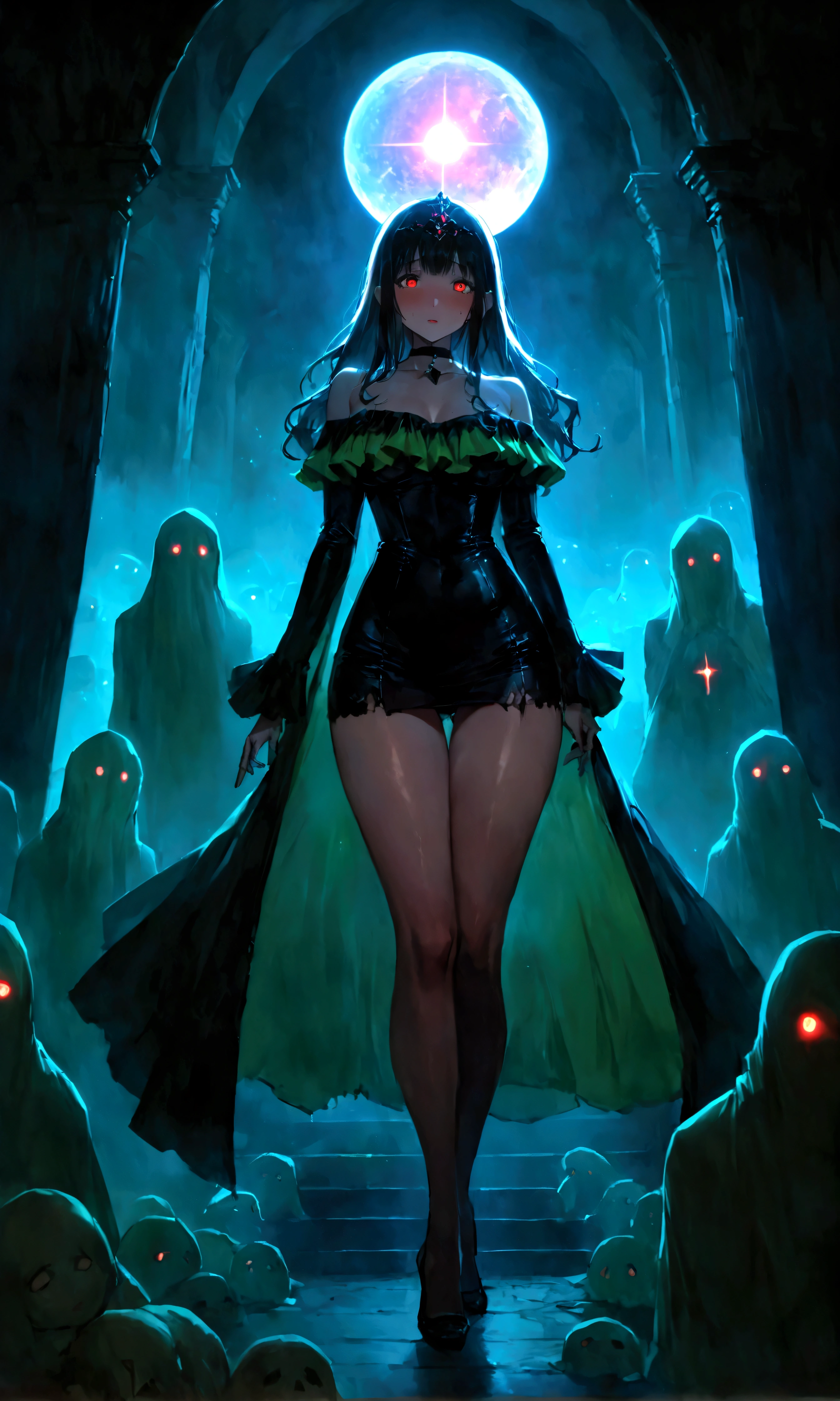 Sexy photo of the most beautiful work of art in the world, illustration, cinematic light, Fancy, high resolution, Superior quality, ultra detailed, Best Quality, Masterpiece, (detailed face), sexy mature woman with shirt and full body (torn) (transparent galaxy) screen shelter, floating fabric, meat , choker, bright (Fancy criminal para personas mayores) Forest plants with neon details, shoulders abiertos, pequeña mariposa bright, with a broken witch hat (focus on the body: 1,25 ), evening, small mutated animals in the background, torn miniskirt, a potion on the hip, shoulders, radiating magical energy, Camel leg, darkness, light reflection, ((32 year old woman)) , black underwear,(with sexy legs )、(journey)、(supine)、Head with long black hair,love game,Forced orgasm,squirt, ecstasy, I play with the urethra, ((women's casual clothing ),(high quality, realist, ultra detailed),blood mage ,dark and gloomy magical atmosphere,old church with biblical windows,beautiful woman with piercing red eyes,1woman surrounded by ethereal spirits and followers,((cult queen)),darkness eterna y profunda,penitent ghosts,group of humanoid spirits