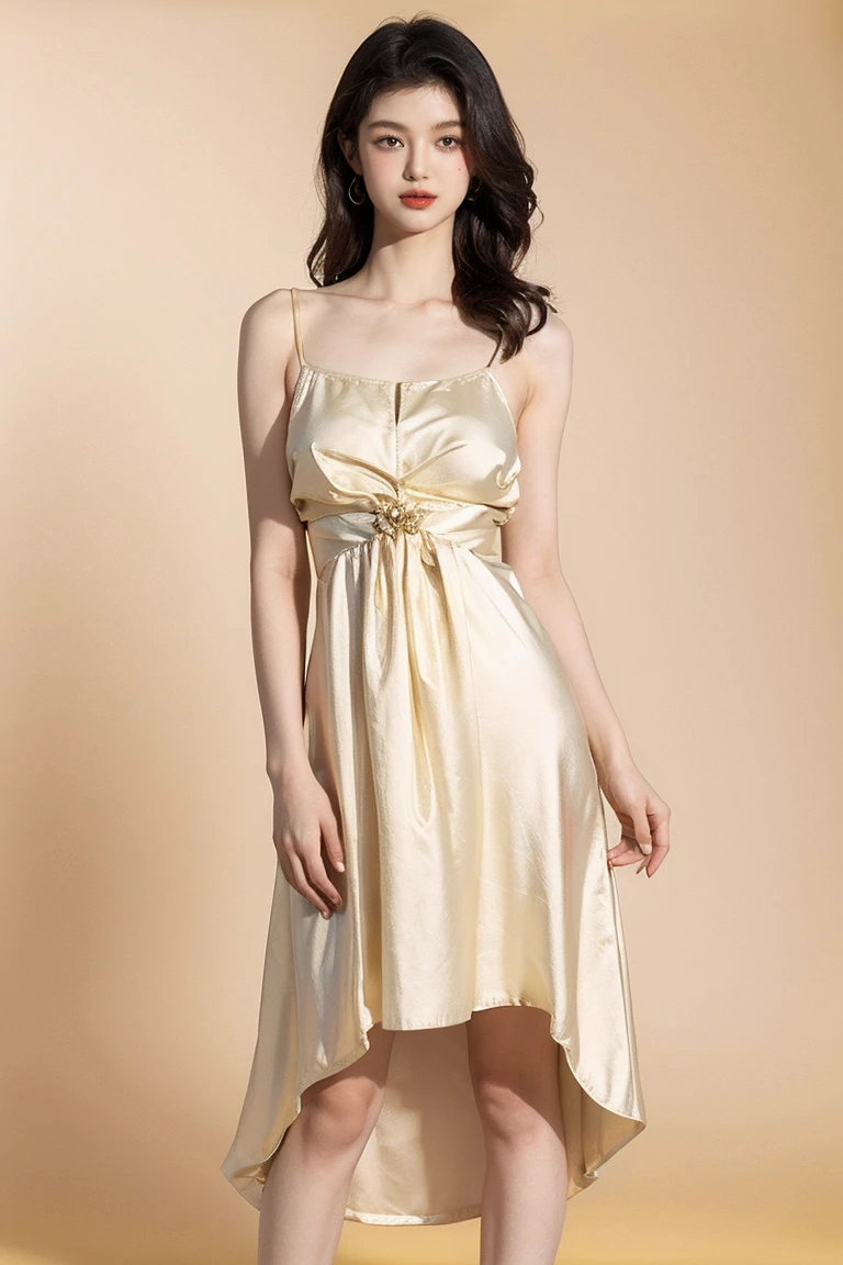 21 year old girl, yellow background, beautiful dress